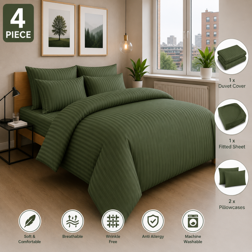 Imperial Rooms (Super King Stripe Duvet Cover Set 4Pcs ) Luxury Green Bedding Set Duvet Cover Fitted Sheet