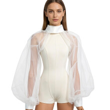 Snelle slijtage mesh-overlay met theatrale gepofte mouwen,-Wit