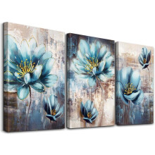 Set di 3 tele con fiori blu astratti da appendere al muro, 12x16 pollici.