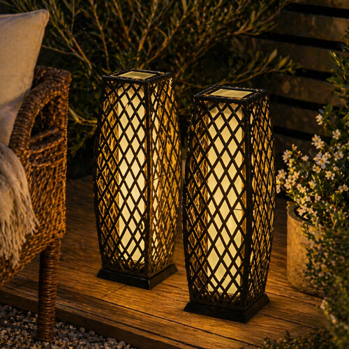 2pc Charcoal Solar Rattan LED Lanterns