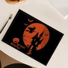 Set de table Halloween en lin orange, citrouille noire et chat, 30 x 45 cm