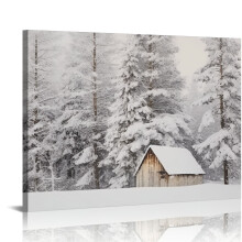 Canvasprint van een besneeuwd winterbos, opgespannen op een houten frame.
