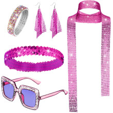 (Fuchsia 1) Set di gioielli da donna anni '70 con paillettes, orecchini, sciarpa, occhiali da sole, bracciale e fascia per capelli.