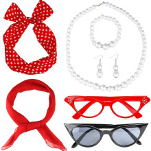 (Set 2) Vintage Balfest Prickigt Pannband Svart Katt Glasögon Enfärgat Sidenhalsduk Pärlhalsband Armband Örhängen Set