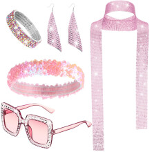 (Pink 1) 1970s Disco Sequin Women's Jewelry Earring Scarf Sunglasses Bracelet Headband Accessory Set