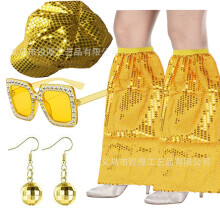 (Golden Octagonal Hat Set) 70s 80s Retro Sequined Octagonal Hat & Glasses Set with Aluminum Alloy Geometric Earrings