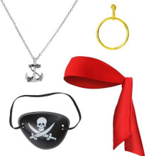 (Set 2) Set costume da pirata per Halloween: maschera con pendente, foulard, orecchini, bracciale di Capitan Jack e accessori a forma di teschio.