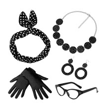 (Set 9) Set per ballo di carnevale anni '50 con fascia per capelli a pois, sciarpa di seta, occhiali e orecchini: completo per giochi di ruolo.