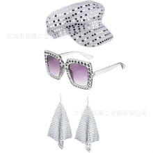 (Set 2) 70s 80s Retro Sequined Octagonal Hat & Glasses Set with Aluminum Alloy Geometric Earrings