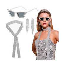 (Glasses Set) Set di gioielli da discoteca anni '70: orecchini, collana e bracciale in metallo con paillettes per donna.