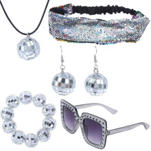(Set 4) 1970s Disco Jewelry Set: Metal Sequined Earrings, Necklace & Bracelet for Women