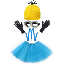 (Sky Blue) Halloween Minion Knit Hat, Gloves, Goggles, Tulle Skirt & Strap Set for Adult Costume