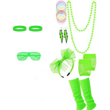 (Fluorescent Green, B) Set da ballo con fiocco in pizzo neon, orecchini, guanti a rete e fulmini