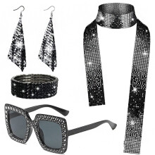 (Set 5) Set di gioielli da discoteca anni '70: orecchini, collana e bracciale in metallo con paillettes per donna.