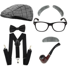 (Light Gray Checkered Beret Set) Vintage British Gatsby Hat Set: Gangster Top Hat & Octagonal Hat for Men's Ball Party