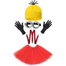 (Bright Red) Halloween Minion strikkelue, hansker, beskyttelsesbriller, tyllskjørt og stroppsett til voksenkostyme