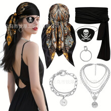 (Set 6) Halloween-piratkostymset: Ögonmask med hänge, huvudduk, örhängen, Captain Jack-armband och dödskalletillbehör