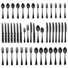 (Black 48-Piece Set) Bestickset i rostfritt stål för 6 personer, 36-delars kniv-, gaffel- och skedset, askknivar för stekar