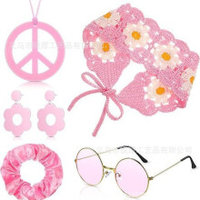 (Pink) Halloween-hippiekostymset: Bohemiskt stickat pannband, fredshalsband och örhängen
