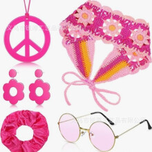(Fuchsia) Set costume hippie per Halloween: fascia per capelli in maglia in stile bohémien, collana con la scritta "Pace" e orecchini.
