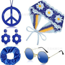 (Blue) Set costume hippie per Halloween: fascia per capelli in maglia in stile bohémien, collana con la scritta "Pace" e orecchini.