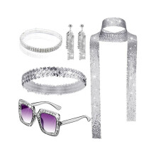 (Set 18) Set di gioielli da discoteca anni '70: orecchini, collana e bracciale in metallo con paillettes per donna.