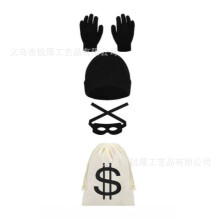 (Set 2) Set costume da ladro per Halloween: borsa di tela, calzini lunghi, cappello nero, guanti e maschera per gli occhi.