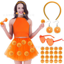 (Set 4) Completo da carnevale arancione con gonna, orecchini, collana, occhiali da sole a forma di cuore e calzini.