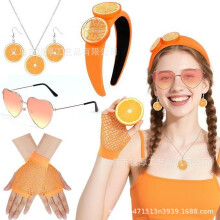 (Set 2) Completo da carnevale arancione con gonna, orecchini, collana, occhiali da sole a forma di cuore e calzini.