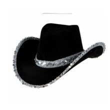 (Black) Silverkantad rosa cowboyhatt för maskerad, Western Crown-stil