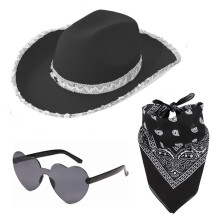(Black) Rosa paljettcowboyhattset med svart/vit/röd hatt, glasögon och halsduk