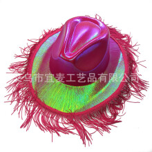 (Fuchsia) Färgglad västerländsk cowboyhatt med tofs, partyrosa fluorescerande brätte