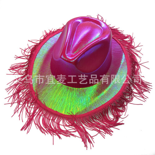 (Fuchsia) Cappello da cowboy western con nappe colorate e tesa rosa fluorescente per feste.