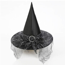 (Spider Web Tulle) Halloween Witch Hat Lace Face Cover Mysterious Wizard Costume Polyester Taffeta