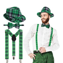 (Set 5) Zestaw irlandzkich przyjęć z zielonym kapeluszem i szelkami w kratę na dzień św. Patryka