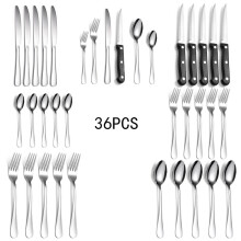 (Silver 36-piece set) Bestickset i rostfritt stål med 36 delar för 6 personer, inklusive kniv, gaffel, sked och stekknivar