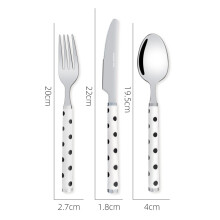 (White base with black dots three-piece set) Western-style stainless steel steak cutlery set: long handle, thick polka dot fork & spoon for home use