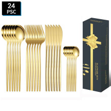 (Gold 24-Piece Set) 24-delars portugisisk stekkniv, gaffel och skedset för västerländsk hotellmat