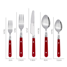 (Red 5-piece set) Vintage stekkniv, gaffel och sked i rostfritt stål med plasthandtag