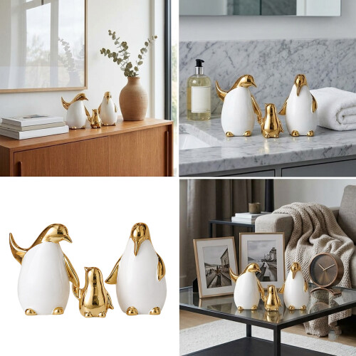 Cartoon Penguins Sculpture Collection 3Pcs Ceramic-happy silver 2