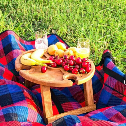 Portable Wooden Folding Wine Table with Cheese and Fruit 1
