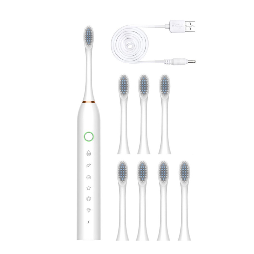 White Electric Toothbrush With 8 Brush Heads, 6 Modes, Ipx7