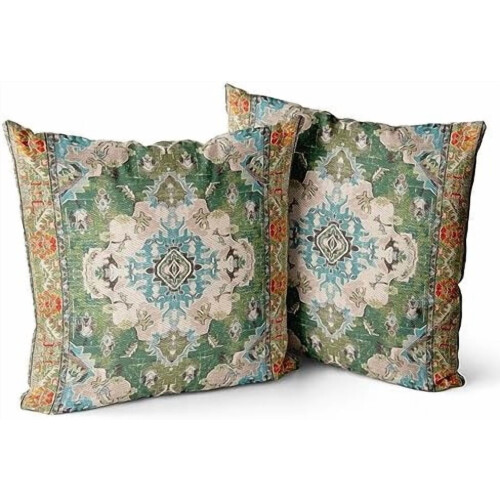 Boho kuddfodral i bomull, 22x22 cm, set med 2 gröna