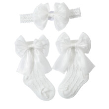 Adorable Bowknot Baby Headband And Socks Combo Stretchy-White
