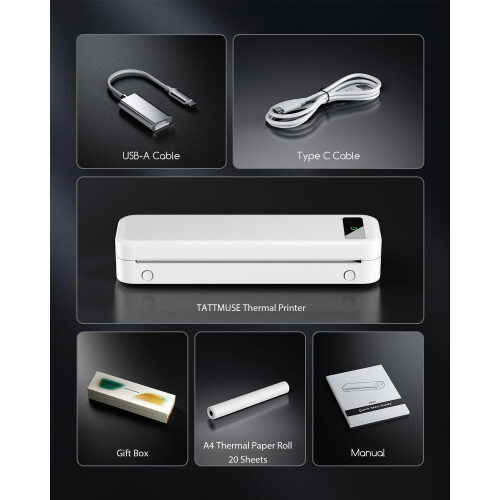 TATTMUSE Portable Thermal Printer A4 Small Wireless Bluetooth Compatible with iOS & Android, Inkless Receipt Printer for Home Use. White 1