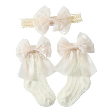 Bowknot Desisn Baby Headband Socks Set For Newborn 0-18-Beige
