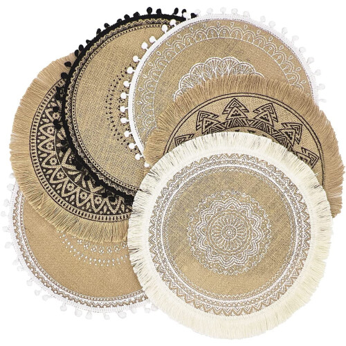 Jogo de 6 jogos americanos redondos estilo boho – 38 cm (14,9 polegadas) em algodão e linho 1
