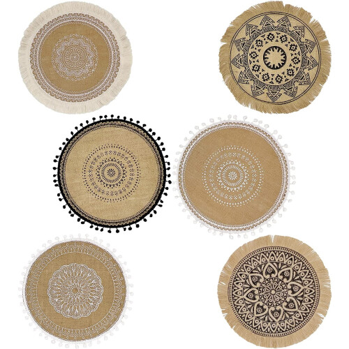 Jogo de 6 jogos americanos redondos estilo boho – 38 cm (14,9 polegadas) em algodão e linho 2