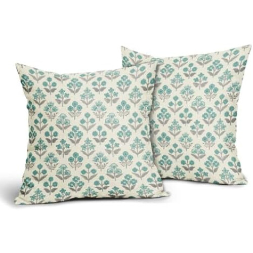 Kussensloop met blokprint, 18x18 inch, blauwgroen, polyester 1