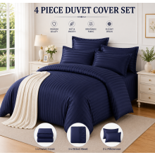 (King 4PC Stripe Duvet Set, Navy) Moonlight 4PC Satin Stripe Duvet Cover Set with Sheet & Pillowcases
